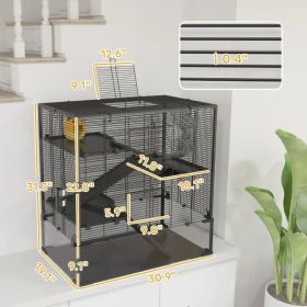 4 Tier Hamster Cage With Deep Tempered Glass Bottom, Running Wheel, Hut, Water Bottle, Food Dish, (Option: Black and transparent)