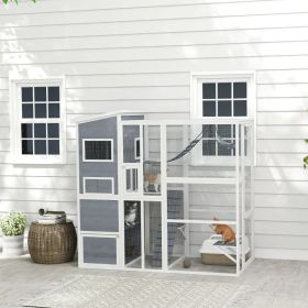 Large Wooden Catio Outdoor, Cat Enclosure W 4 Tier Resting Rooms, 3 Platforms, 1 Soft Ladder, 2 Ramps, 1 Hammock, Gray (Option: Gray)