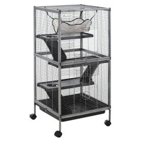 Metal Small Animal Cage Rolling Big Ferret Cage, Chinchilla Cage, Sugar Glider Cage, With Hammock & 4 Tiers, Removable Tray, Gray (Option: Gray-550x550x240 mm)